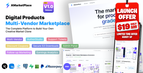 AMarketPlace - All in one Multi-Vendor Digital Products Marketplace | React and PostgreSQL